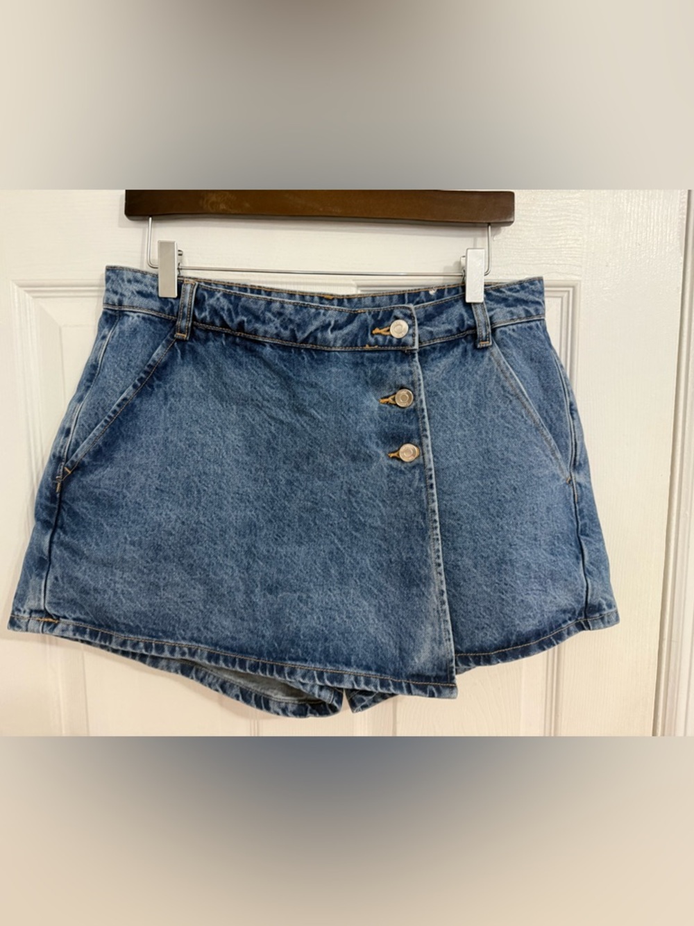 Zara Blue Denim Asymmetric Button Mini Skort